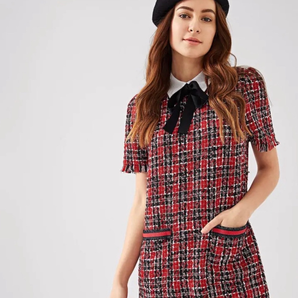Plaid Tweed Dress with Bow